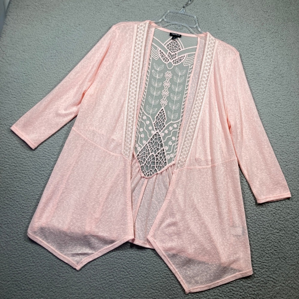 Torrid‎ Open Cardigan Sweater Women 0 Large Pink Lace Back Lightweight Feminine